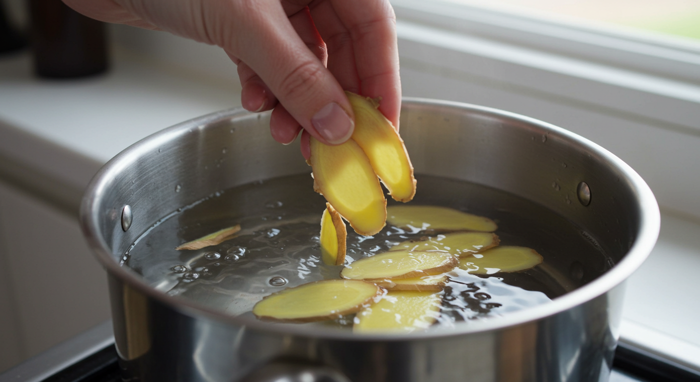 adding sliced ginger into pot