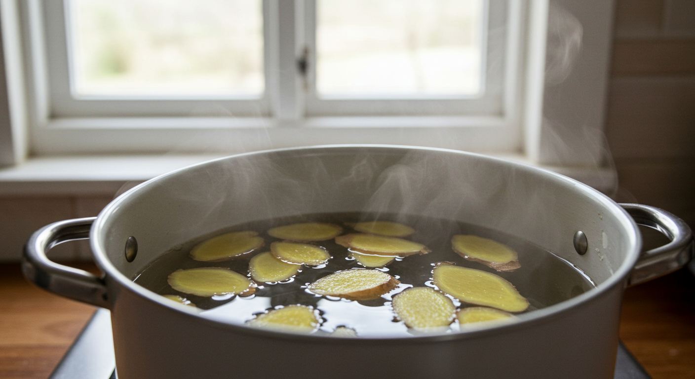 sliced ginger in simmering water