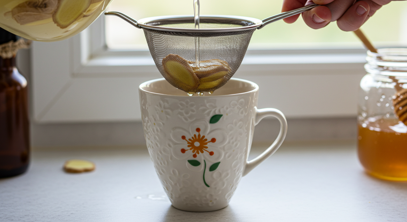 straining ginger water to cup making ginger tea