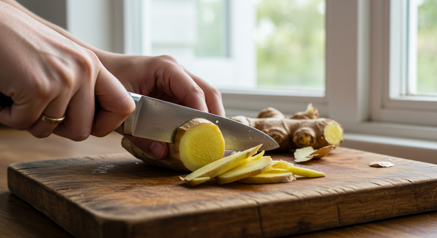 slicing peeled ginger thinly on wooden chopping board
