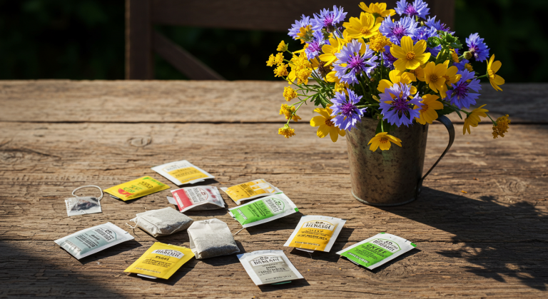 tea bags on wooden table with flowers